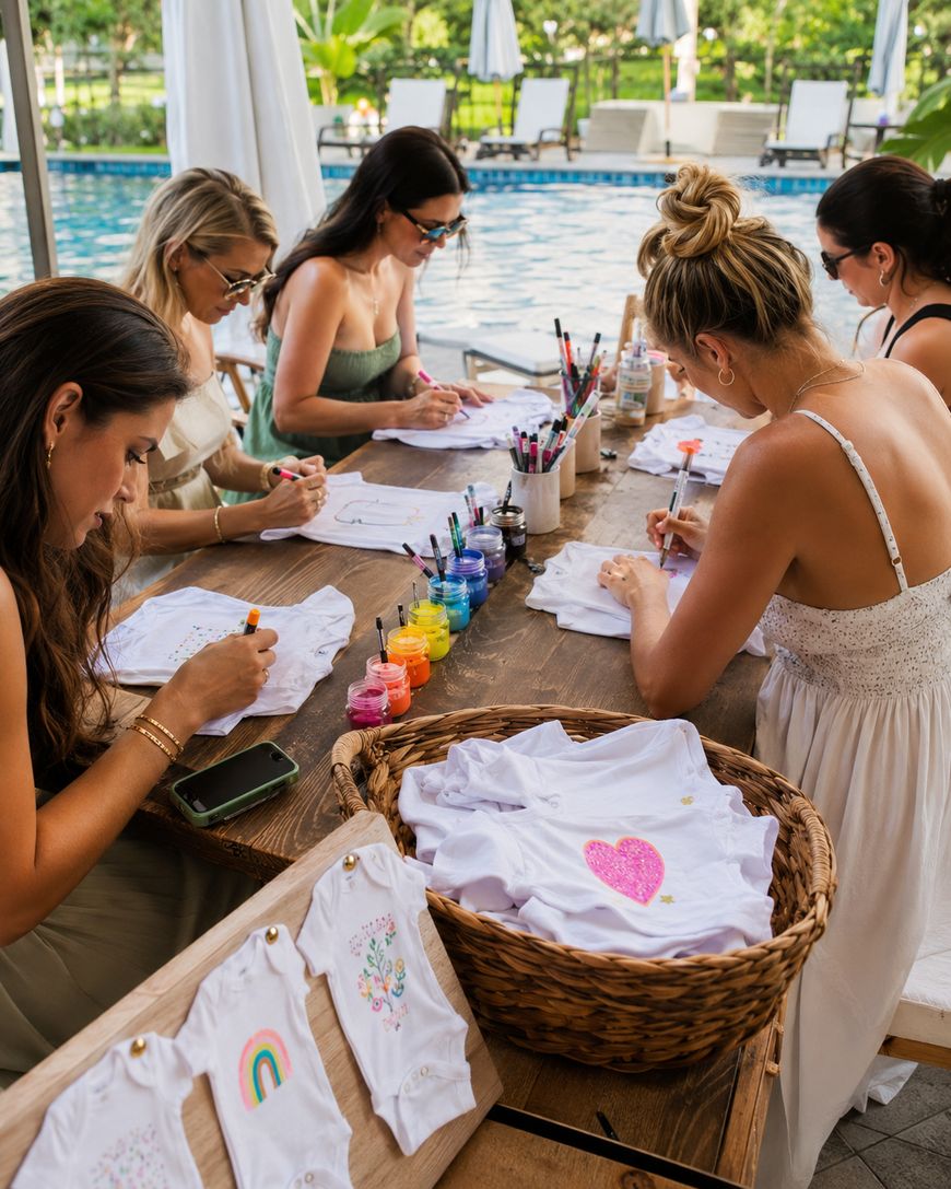 Five women sit around a wooden table by a pool, decorating white baby onesies with colorful paints and markers. Finished onesies with rainbow and heart designs are displayed in a basket in the foreground.