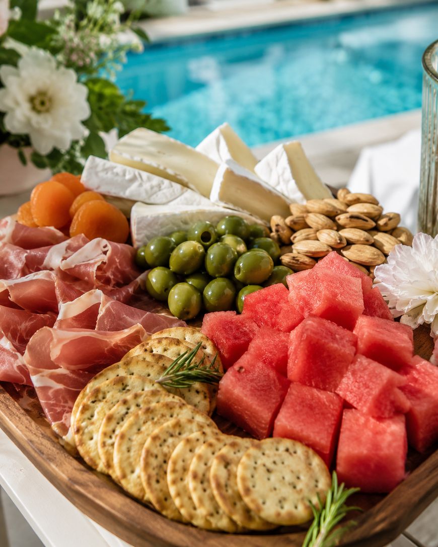 A wooden platter with crackers, cubed watermelon, green olives, almonds, dried apricots, prosciutto, and wedges of brie cheese is set beside a swimming pool with white flowers in the background.