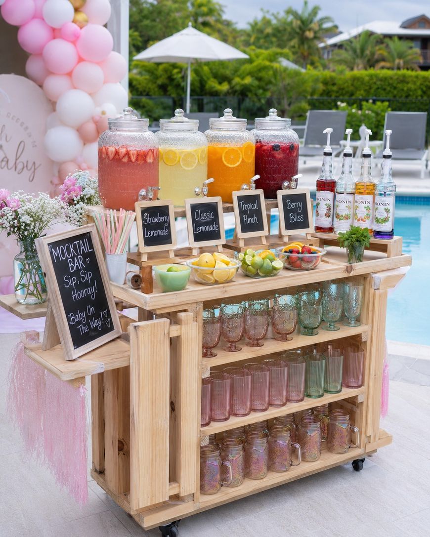 A wooden mocktail bar by a pool is decorated with pink balloons, glass drink dispensers of colorful beverages, labeled jars, syrups, sliced fruits, and chalkboard signs displaying drink options.