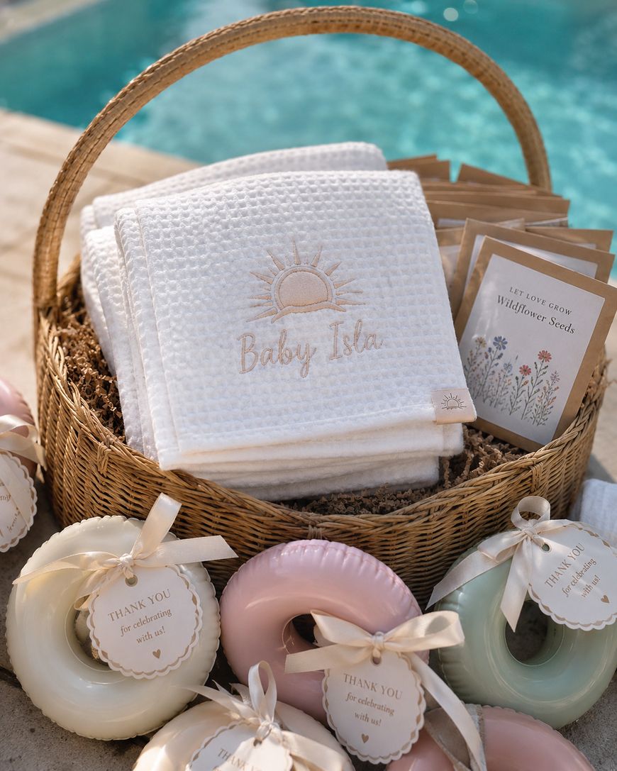 A wicker basket by a pool holds embroidered white towels reading Baby Isla and packets of wildflower seeds. Around the basket are pastel donut-shaped items with tags saying Thank you for celebrating with us!.