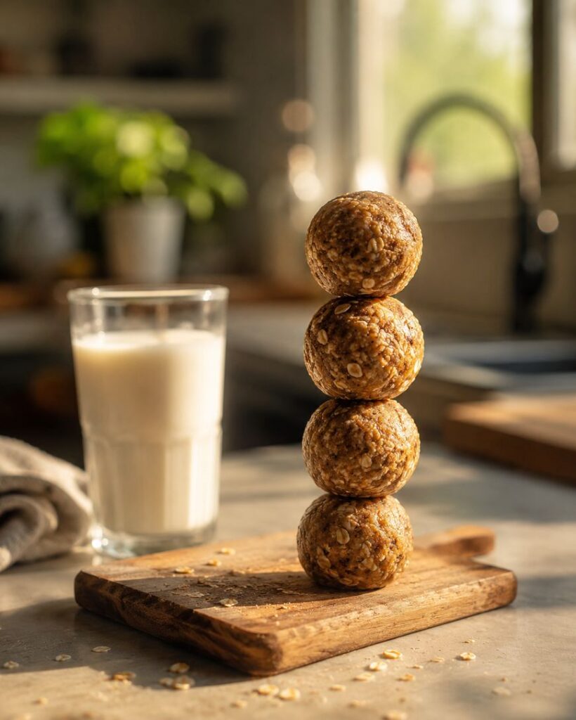 A stack of four oat energy balls on a small wooden board, with a glass of milk nearby. Sunlight streams through a window in a cozy kitchen, highlighting the rustic and inviting scene.