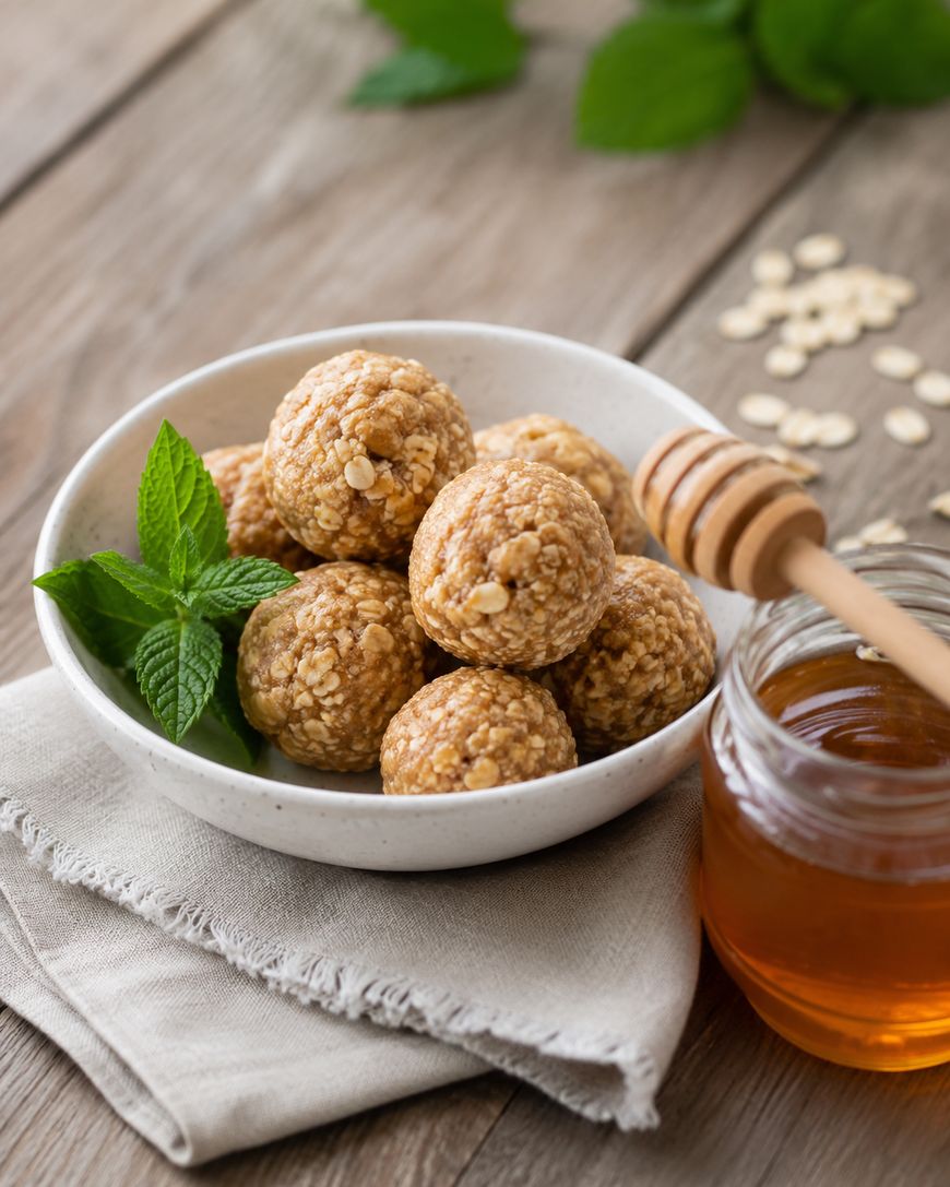A bowl of round oat and honey energy bites garnished with mint leaves sits on a cloth napkin next to a jar of honey with a honey dipper, on a wooden table.