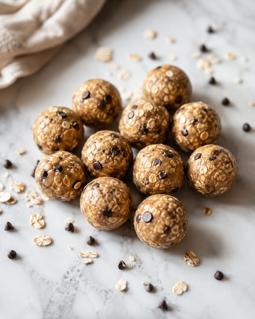 Round energy balls made with oats and chocolate chips are arranged on a marble surface. A few oats and chocolate chips are scattered around, and a beige cloth is visible in the background.