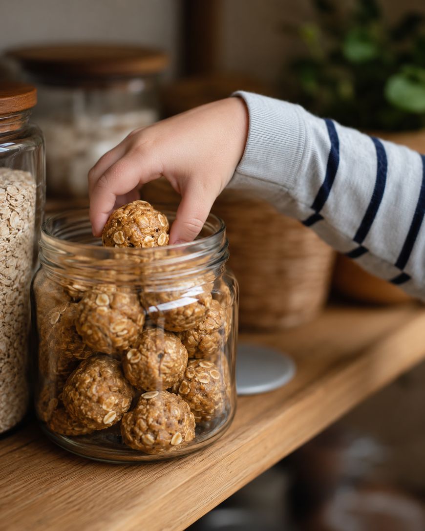 A child’s hand in a striped sleeve reaches into a glass jar filled with oatmeal energy balls on a wooden shelf, with jars of oats and a plant in the background.