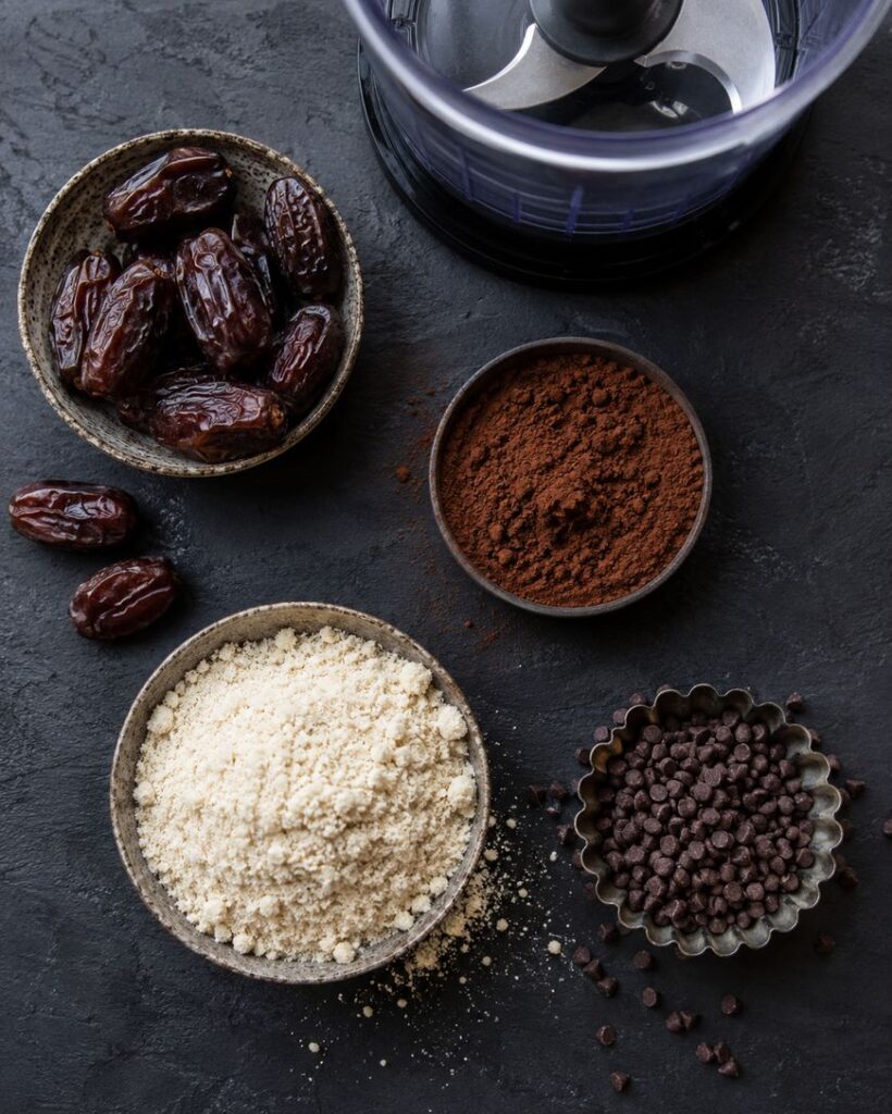 Bowls of dates, cocoa powder, almond flour, and chocolate chips are arranged on a dark surface next to a food processor.
