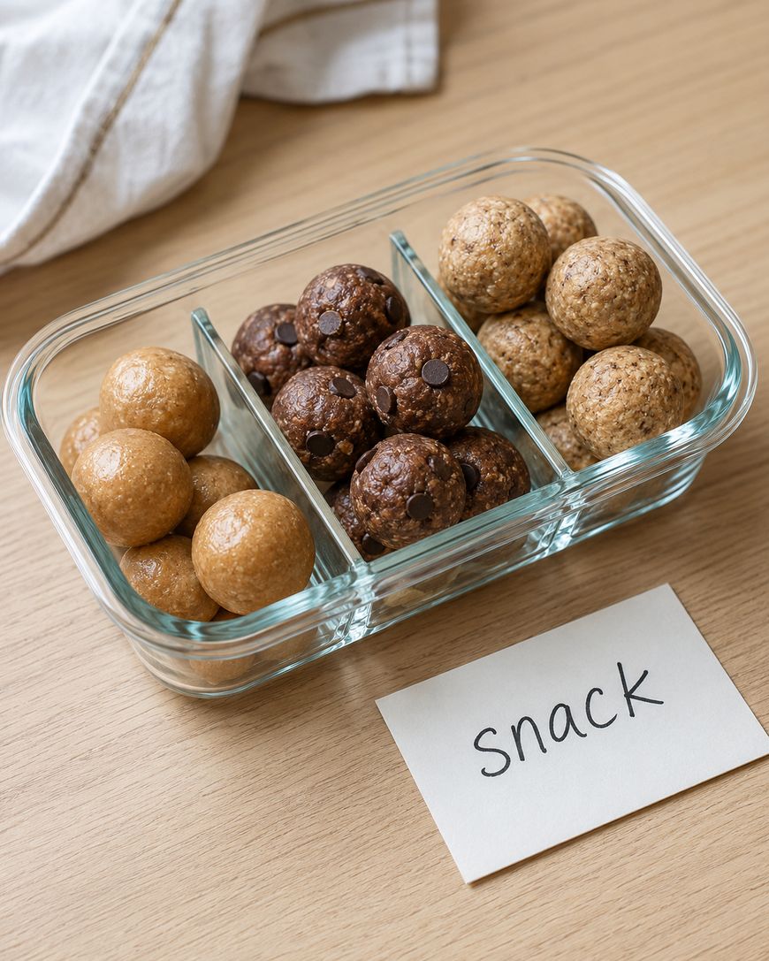A glass container with three sections holds round snack balls in three flavors: light brown, dark brown with chocolate chips, and beige. A card labeled snack sits beside the container on a wooden surface.
