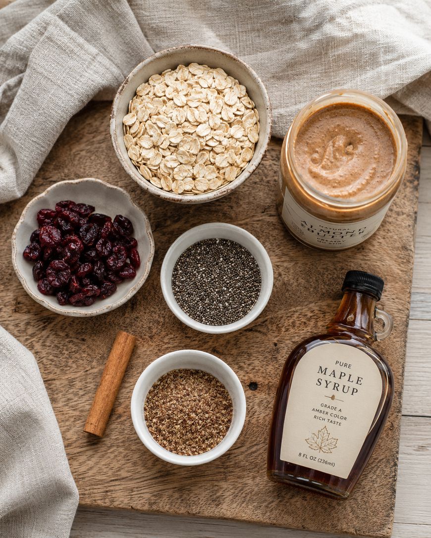 A wooden board with bowls of rolled oats, dried cranberries, chia seeds, flaxseeds, a jar of almond butter, a bottle of maple syrup, and a cinnamon stick, all arranged neatly. A beige cloth is partially visible in the background.
