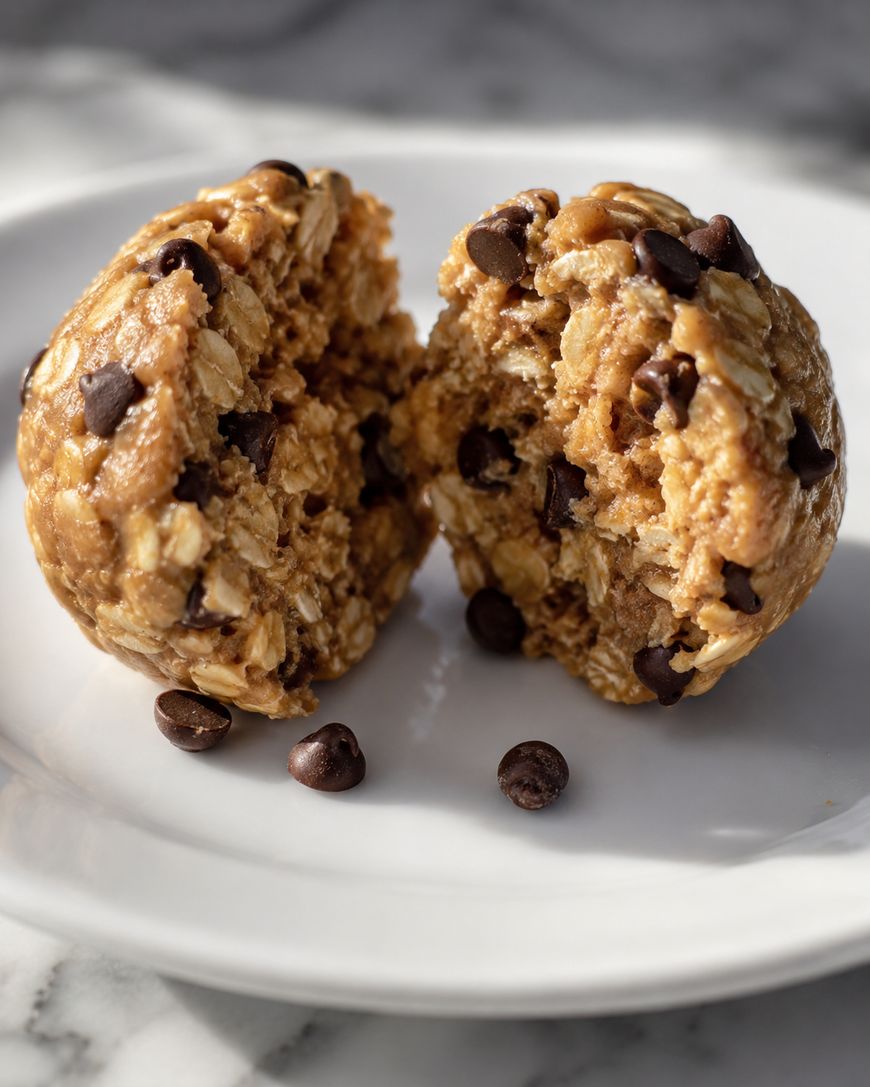 A soft, oat and chocolate chip cookie ball split in half on a white plate, revealing its chewy texture, with a few chocolate chips scattered nearby on the plate.