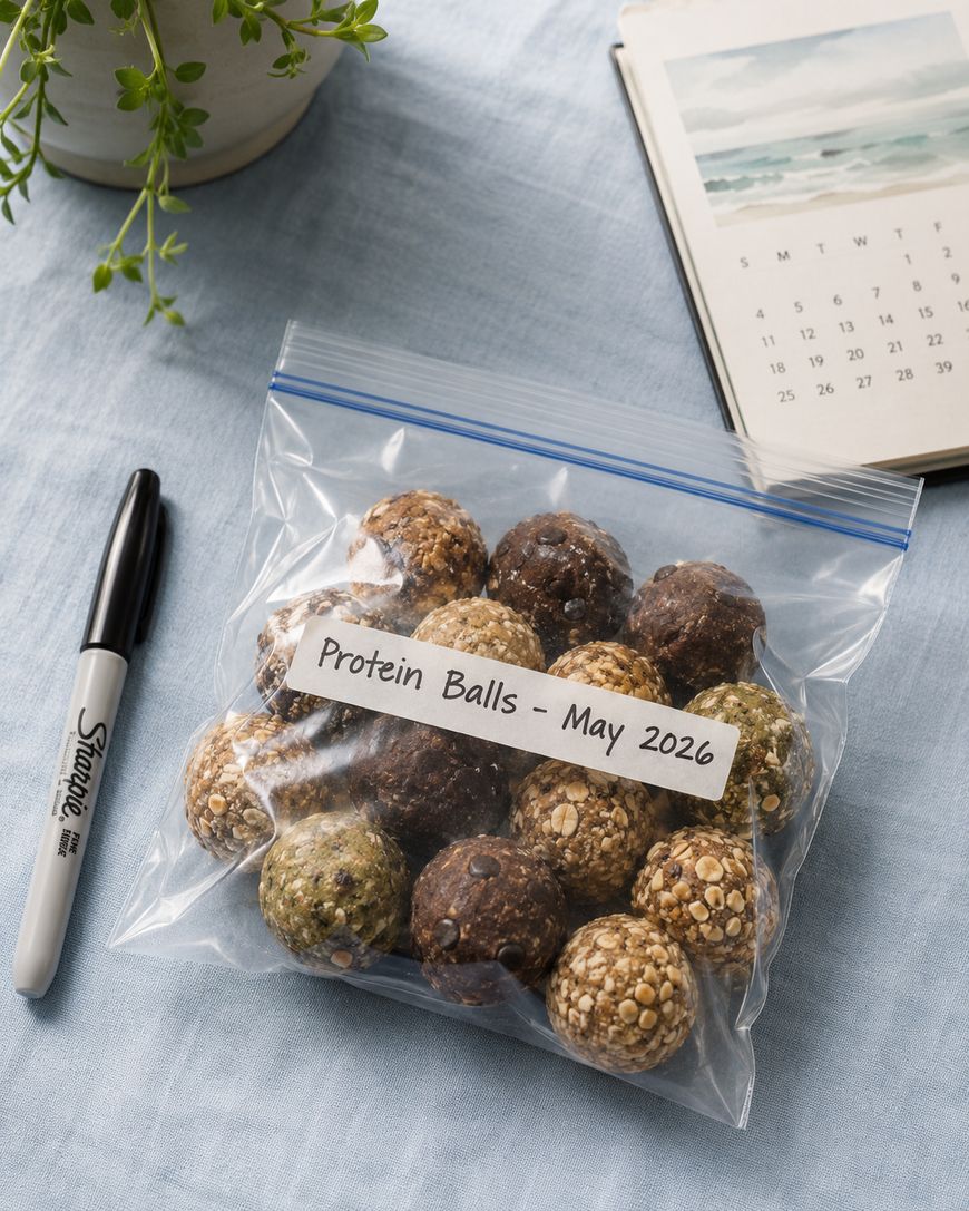 A zipped plastic bag labeled “Protein Balls - May 2026” holds assorted protein balls. The bag is on a blue cloth next to a black Sharpie, a green plant, and an open calendar showing May.