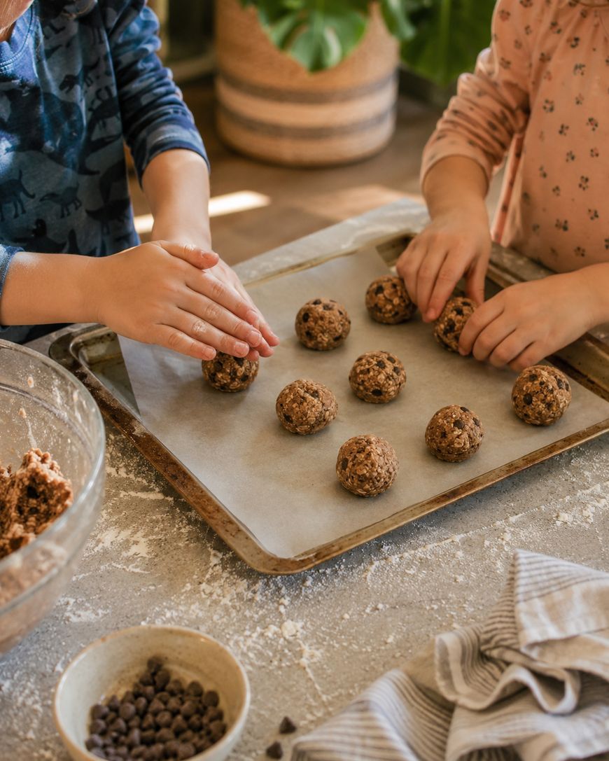 Two children are shaping and placing cookie dough balls on a parchment-lined baking sheet. A bowl of dough, chocolate chips, and a striped towel are on a flour-dusted table nearby.