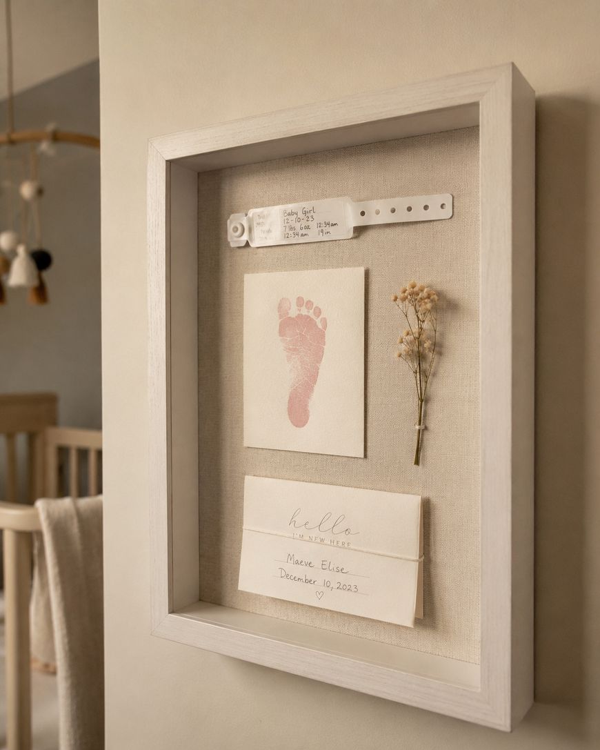 A framed shadow box displays a baby’s hospital wristband, a pink footprint, dried flowers, and a card reading “hello, Maeve Elise, December 19, 2023.” A crib and mobile are blurred in the background.