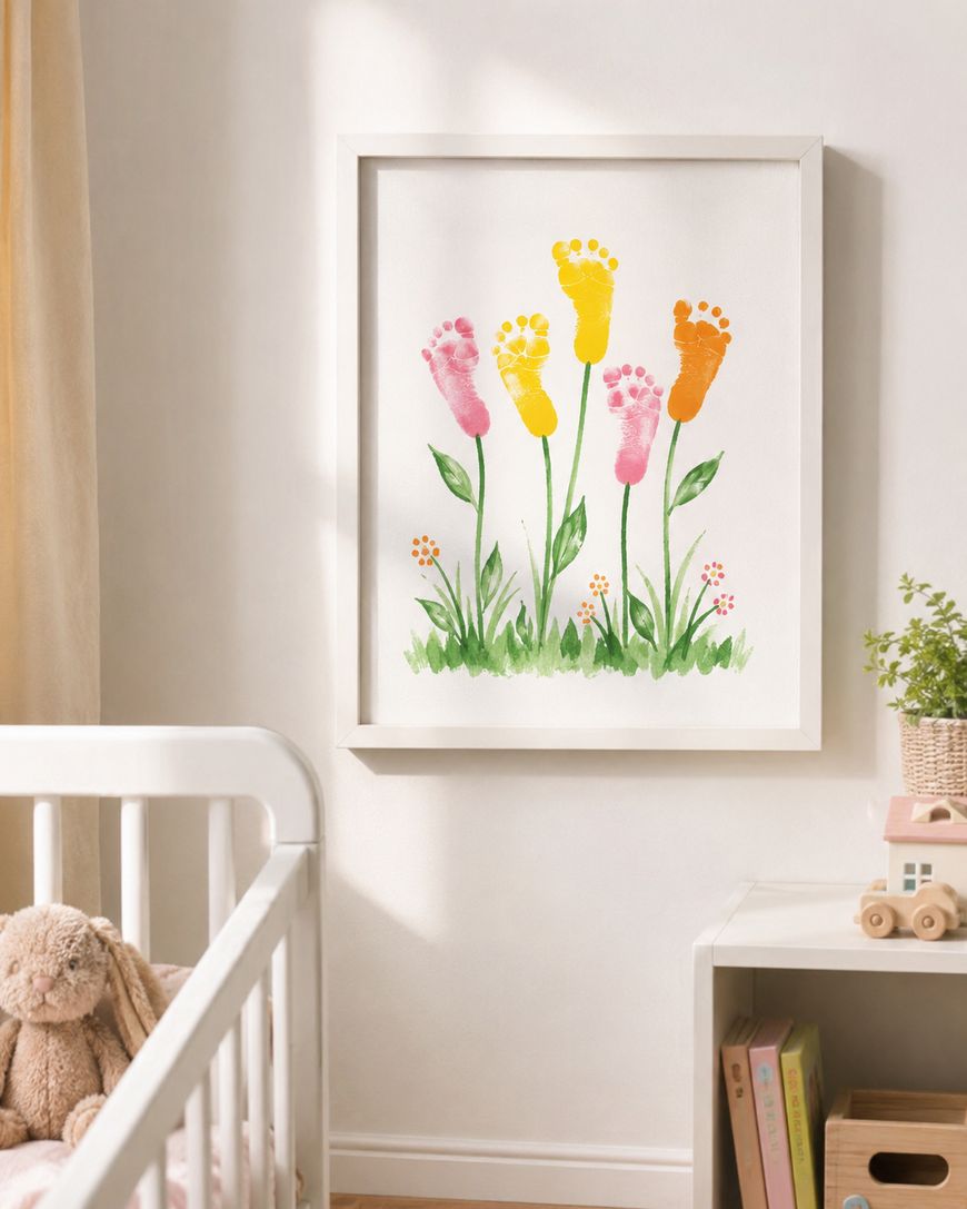 Framed artwork in a nursery shows colorful flowers, each made from painted footprints, hanging above a crib with a stuffed bunny. A small plant and children’s books sit on a shelf nearby.