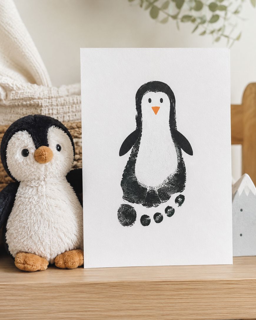 A plush penguin toy sits next to a card displaying a penguin illustration made from a black footprint, with added flippers, an orange beak, and eyes. The scene includes soft, neutral decor in the background.
