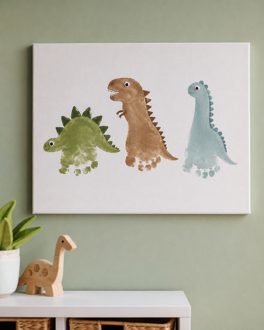 A canvas hangs on a green wall, featuring three cartoon dinosaurs in green, brown, and blue, each painted using footprints. Below, a white shelf holds a wooden dinosaur toy and a small plant in a pot.
