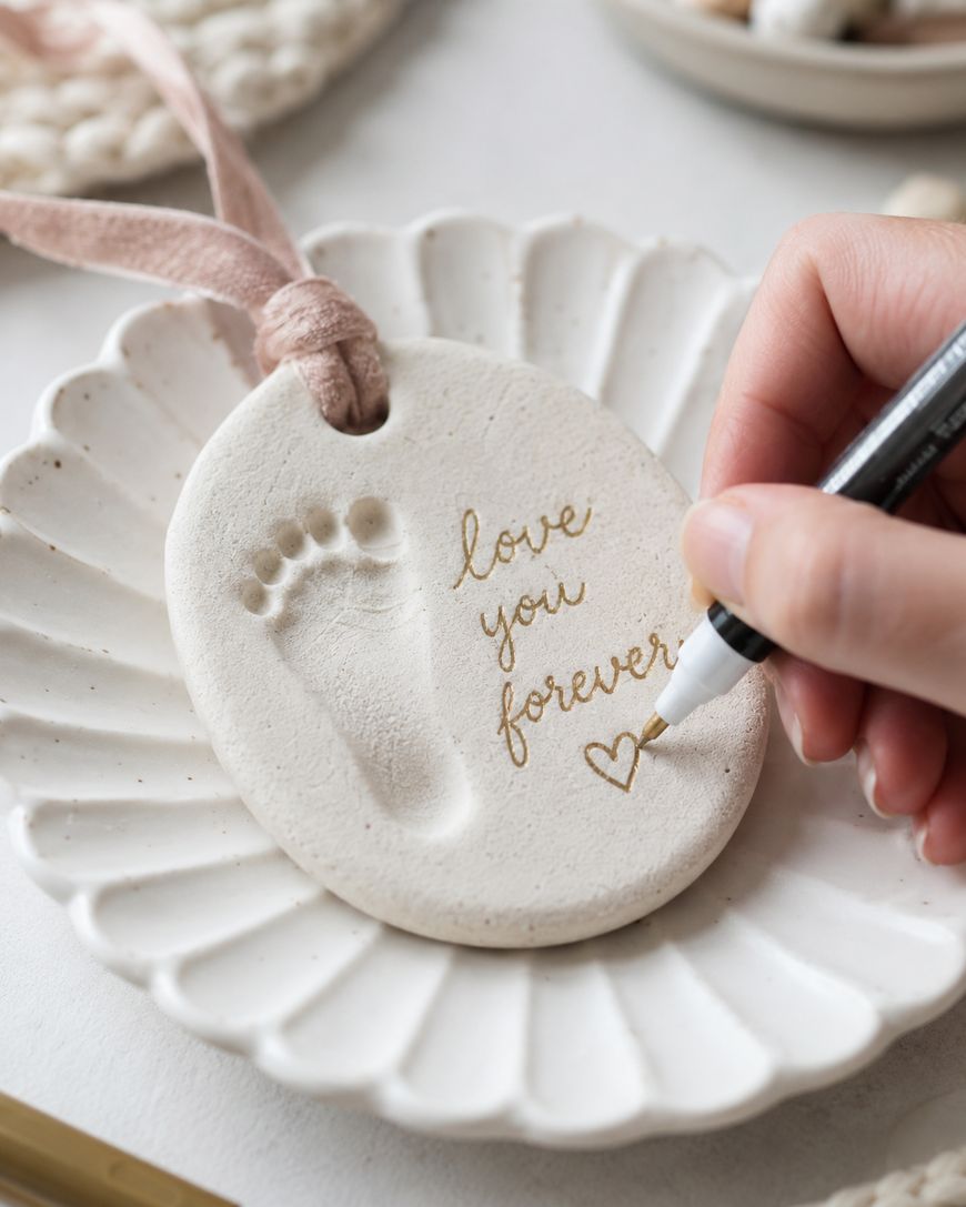 A hand writes love you forever with a heart on a round white clay ornament featuring a baby footprint, placed on a scalloped white plate. A pink ribbon is attached to the ornament.
