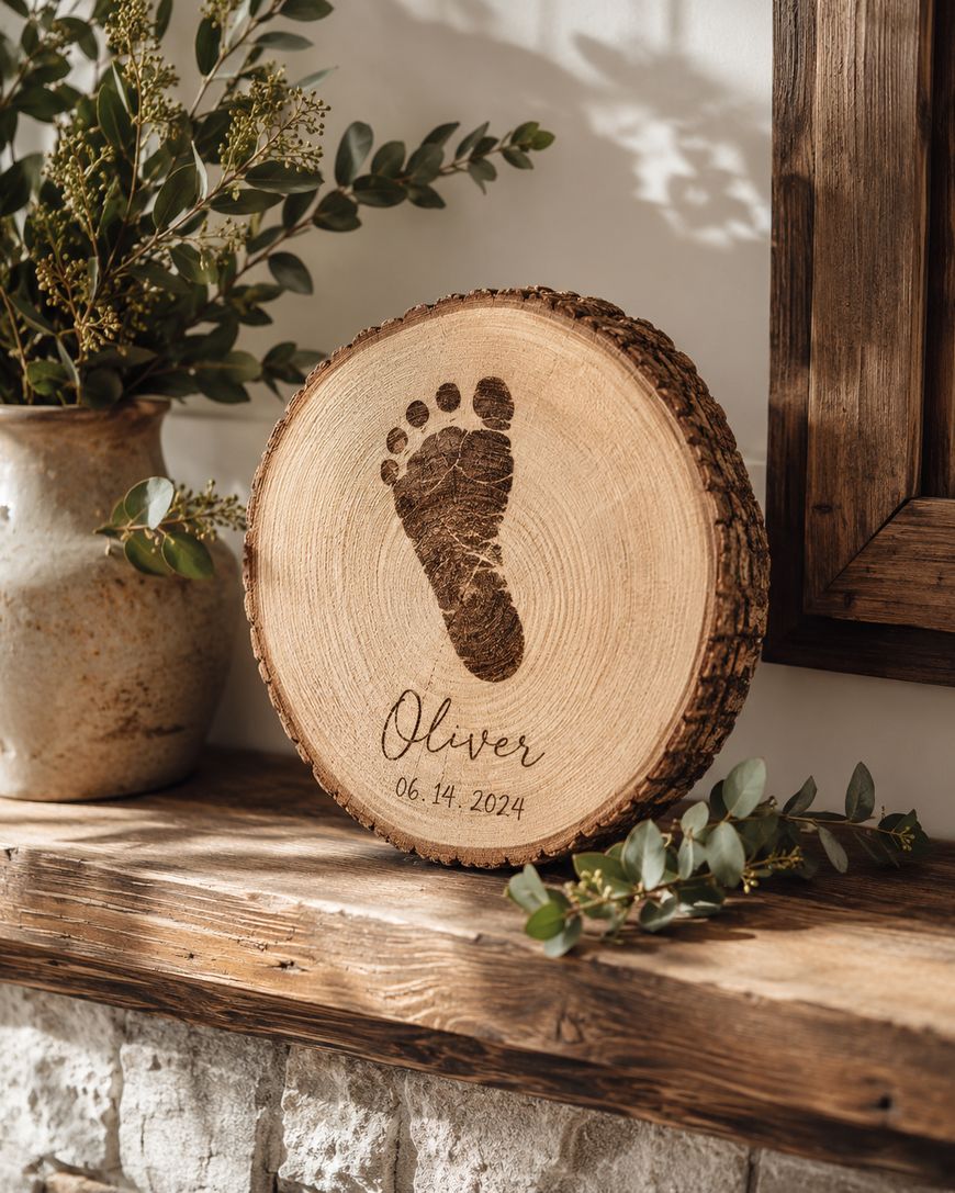 A round wooden plaque with a baby footprint engraved above the name Oliver and the date 06.14.2024, displayed on a rustic mantel with greenery and a vase nearby.