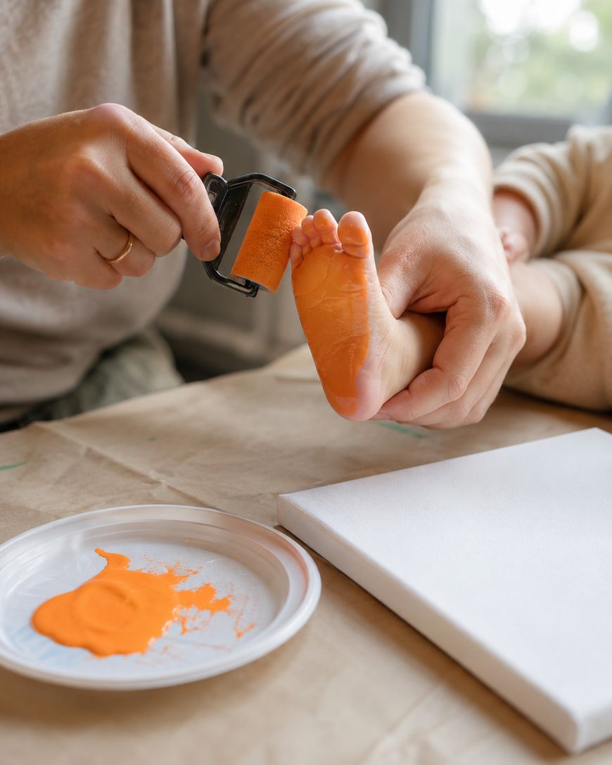 An adult rolls orange paint onto a baby’s foot with a sponge roller. A paper plate with orange paint and a blank canvas are on the table. The scene suggests creating a footprint art project.