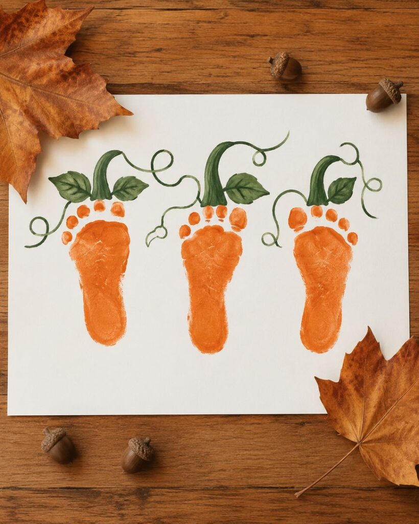 A sheet of paper displays three orange-painted footprints resembling pumpkins, each with green vines and leaves painted above them. The paper is on a wooden surface surrounded by autumn leaves and acorns.