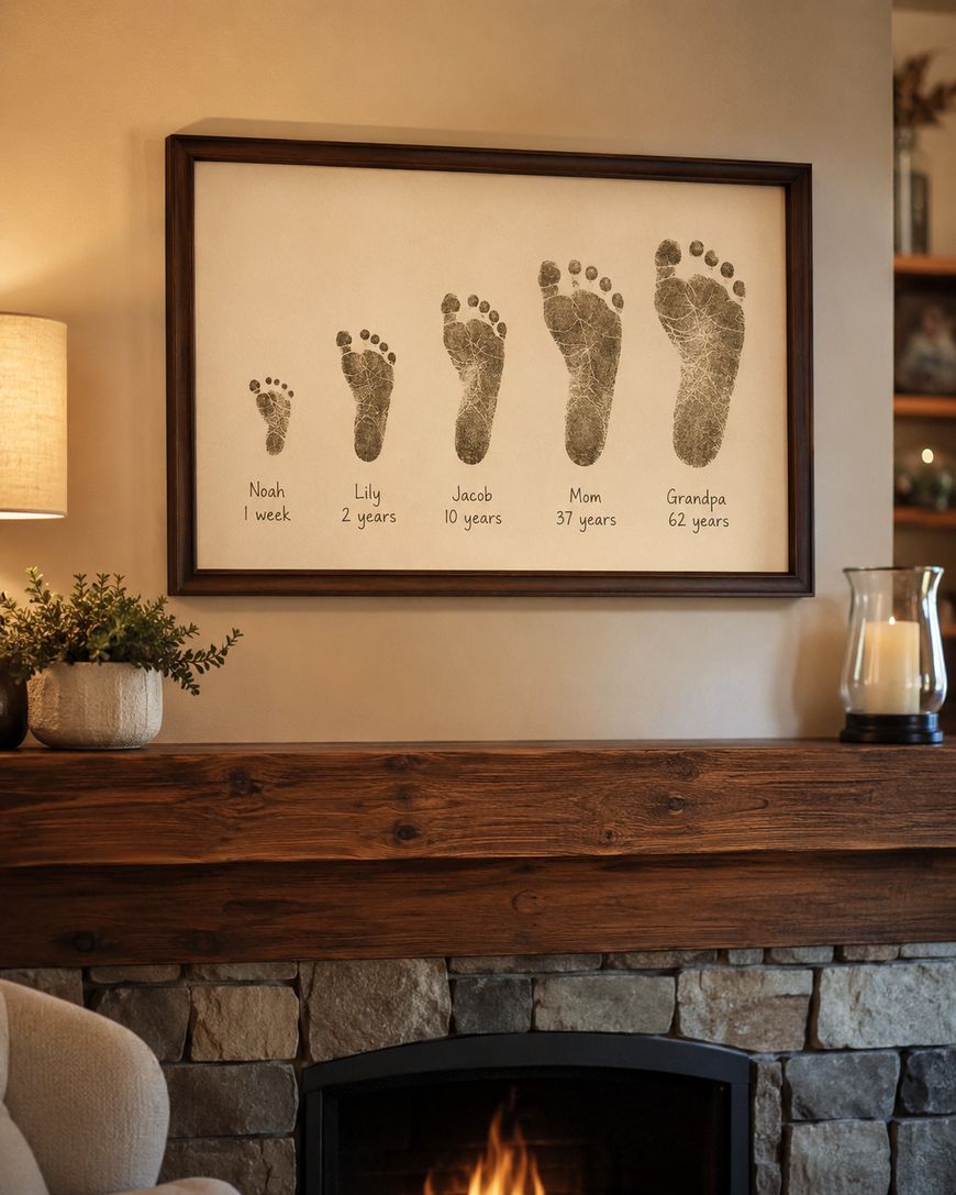 A framed artwork above a fireplace displays black ink footprints from smallest to largest, labeled: Noah 1 week, Lily 2 years, Jacob 10 years, Mom 37 years, Grandpa 62 years. Cozy living room setting.