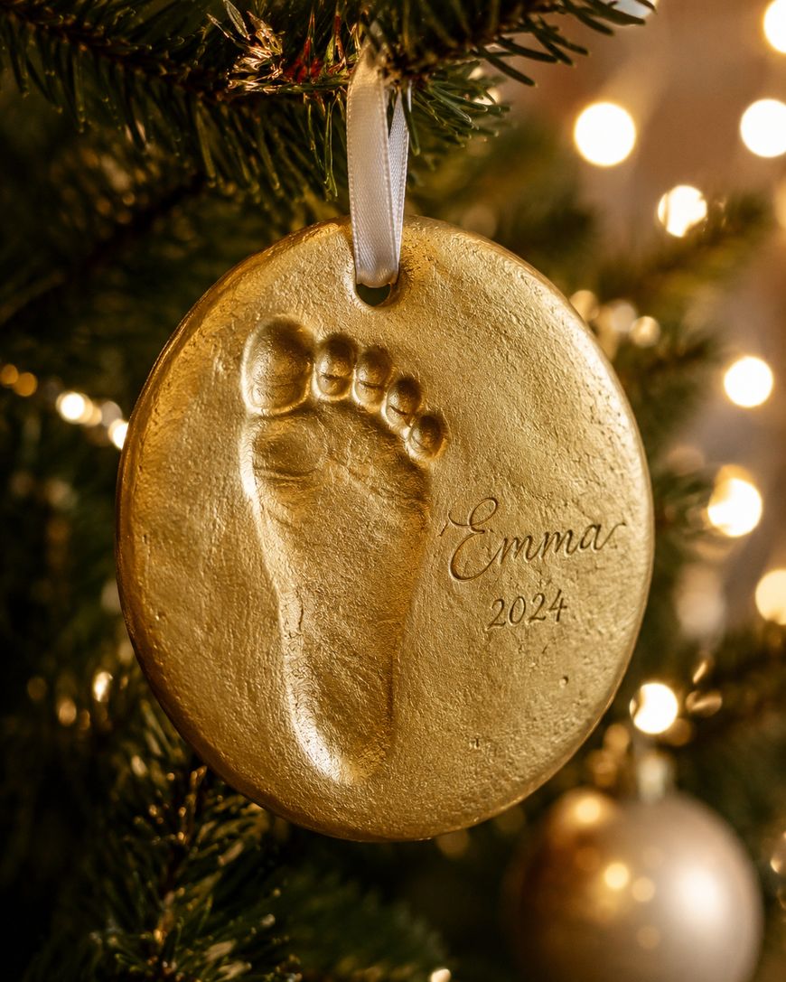 A gold ornament with a babys footprint, the name Emma, and the year 2024 engraved, hangs on a Christmas tree with lights and ornaments in the background.