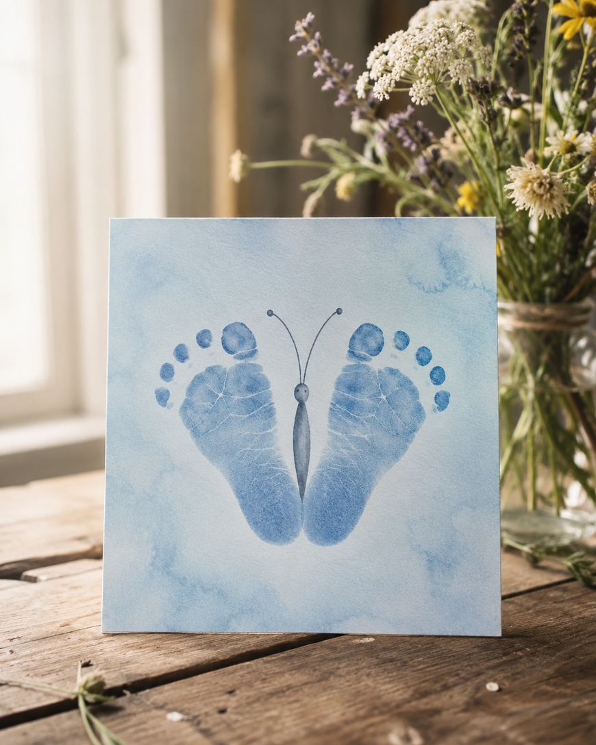 A card with blue baby footprints arranged to look like butterfly wings, with a drawn butterfly body in the center, sits on a rustic wooden table near a vase of wildflowers.