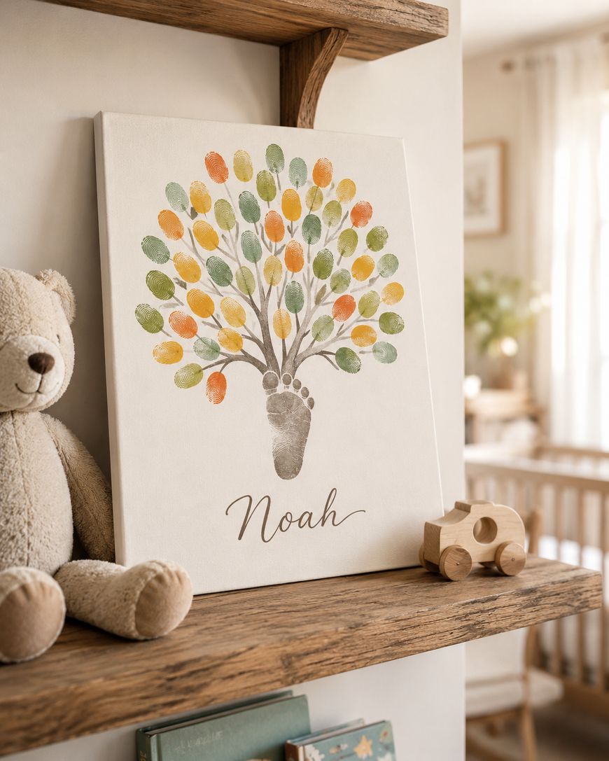 A nursery shelf with a plush bear, a wooden toy car, and a canvas featuring a footprint tree with colorful fingerprint leaves and the name Noah written beneath it. A crib and soft lighting are visible in the background.
