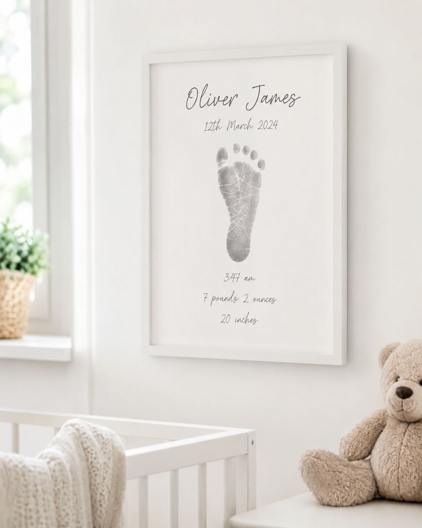 A framed print on a nursery wall displays a baby’s footprint, the name Oliver James, birth date, time, weight, and length. A crib, a teddy bear, and a potted plant are also visible in the softly lit room.