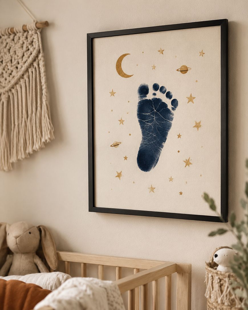 A framed print of a black baby footprint surrounded by gold stars, a crescent moon, and planets hangs on a nursery wall above a wooden crib with a stuffed rabbit and cozy blankets.