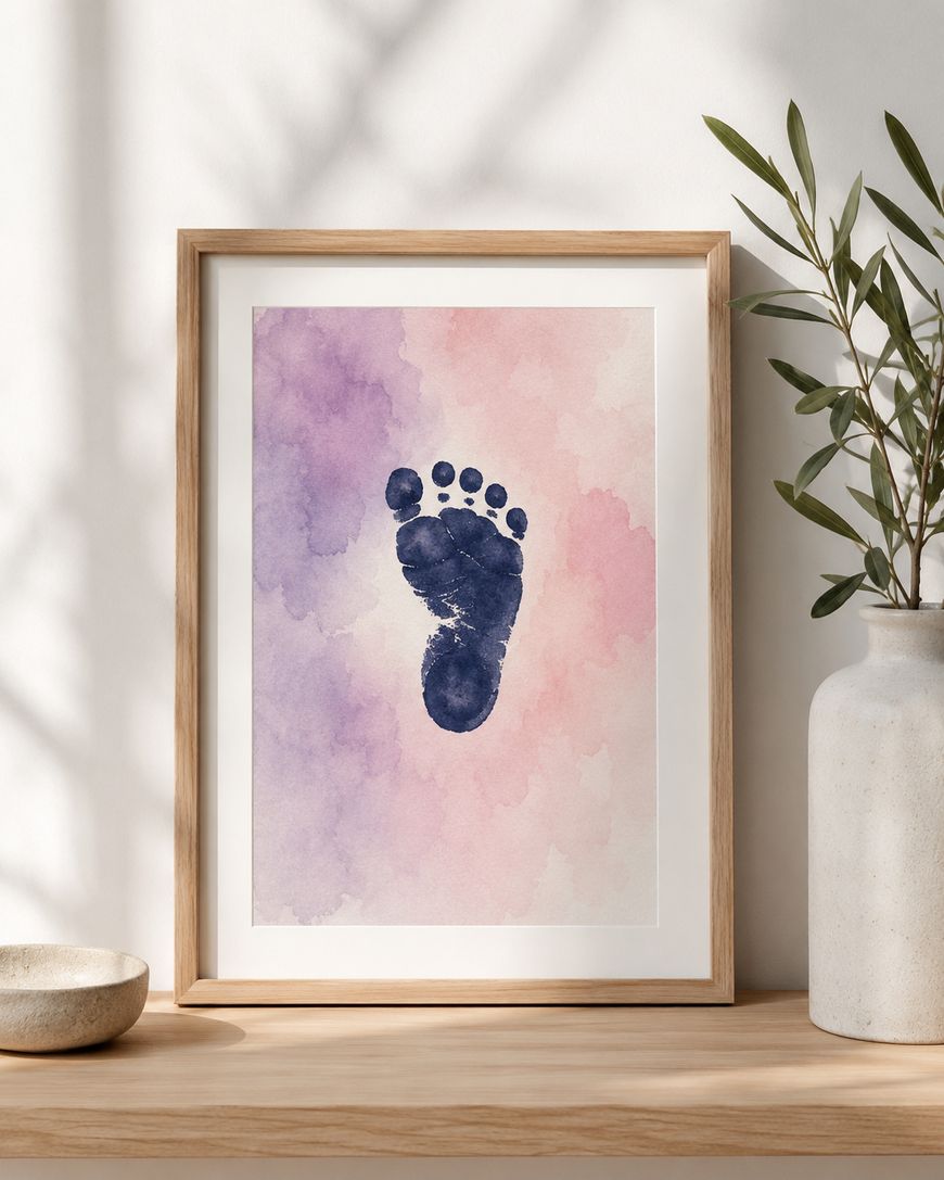 Framed artwork featuring a dark blue footprint on a pink and purple watercolor background, displayed on a wooden shelf next to a vase with green leaves and a shallow bowl.