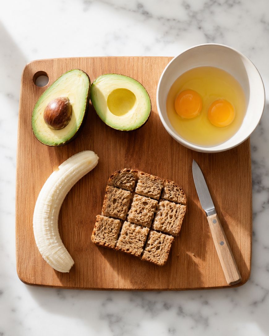 A wooden cutting board with a halved avocado, a peeled banana, cubed whole grain bread, a small knife, and a bowl containing two cracked eggs on a marble surface.