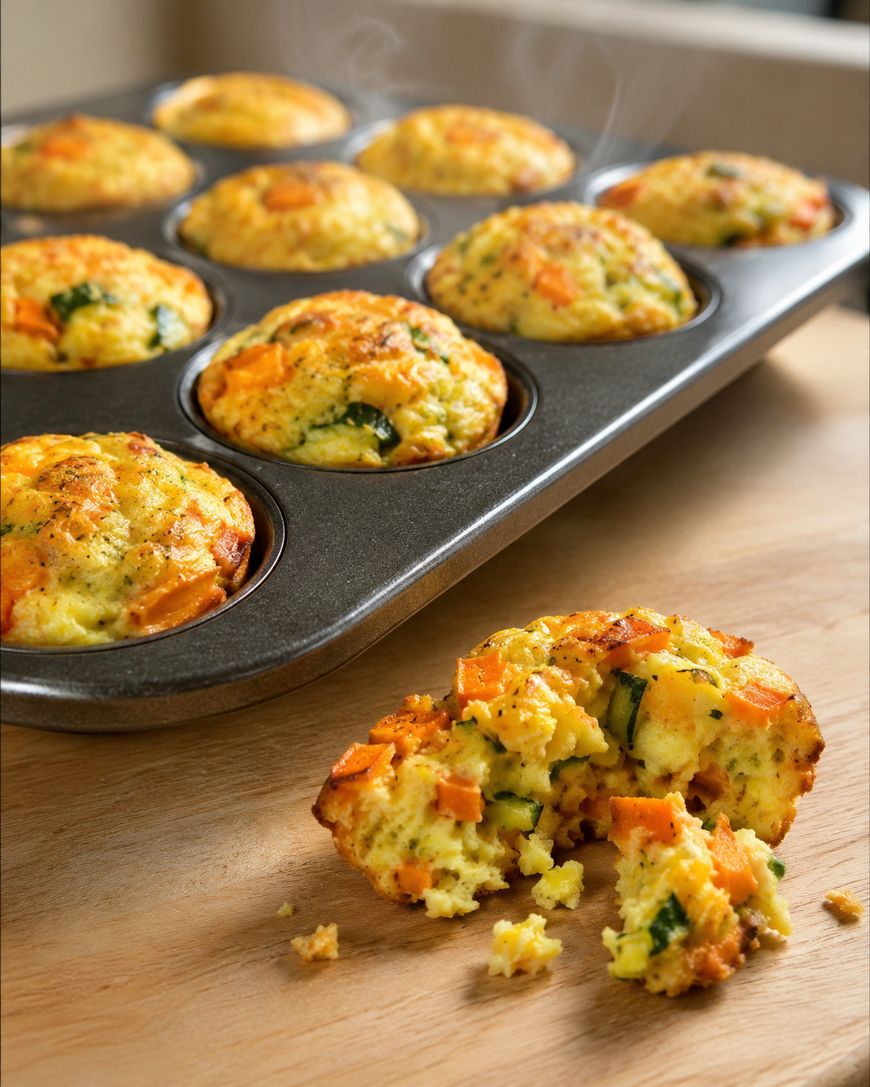 A muffin tin filled with savory vegetable muffins, with one muffin broken open in the foreground, showing chunks of vegetables and herbs inside. Steam rises from the freshly baked muffins on a wooden surface.