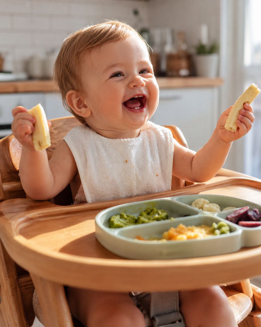 A smiling baby sits in a high chair, holding pieces of banana in both hands, with a divided plate of food including mashed vegetables and fruit in front of them.