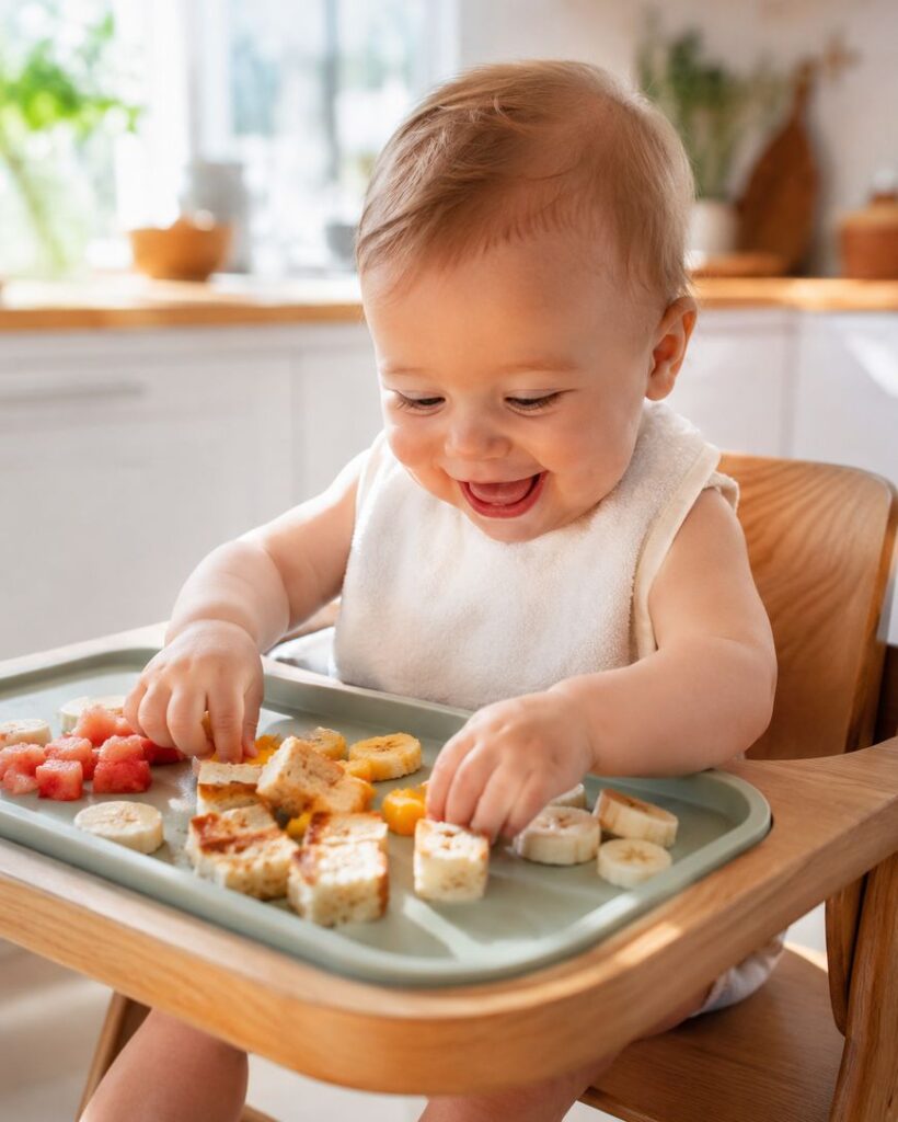 A smiling baby sits in a high chair, picking up pieces of cut fruit and bread from a tray in a bright kitchen.