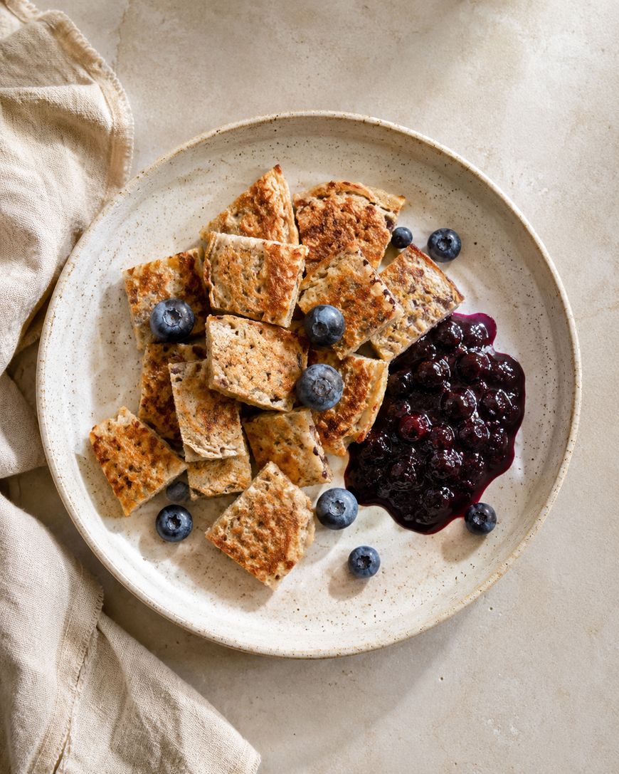 A plate with square pieces of pancake, a serving of berry compote, and fresh blueberries, set on a light surface next to a beige cloth napkin.