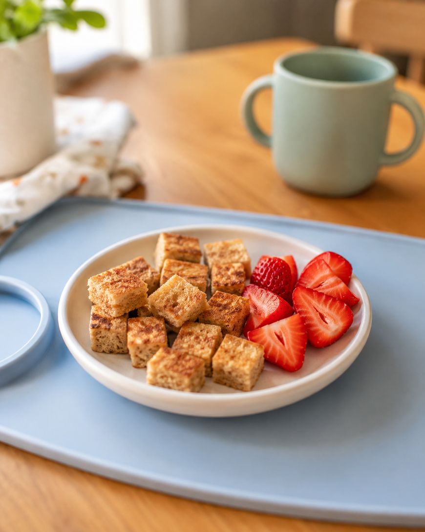 A white plate with cubed pieces of French toast and sliced strawberries sits on a light blue tray. In the background, there is a light blue mug, a potted plant, and a wooden table and chair.