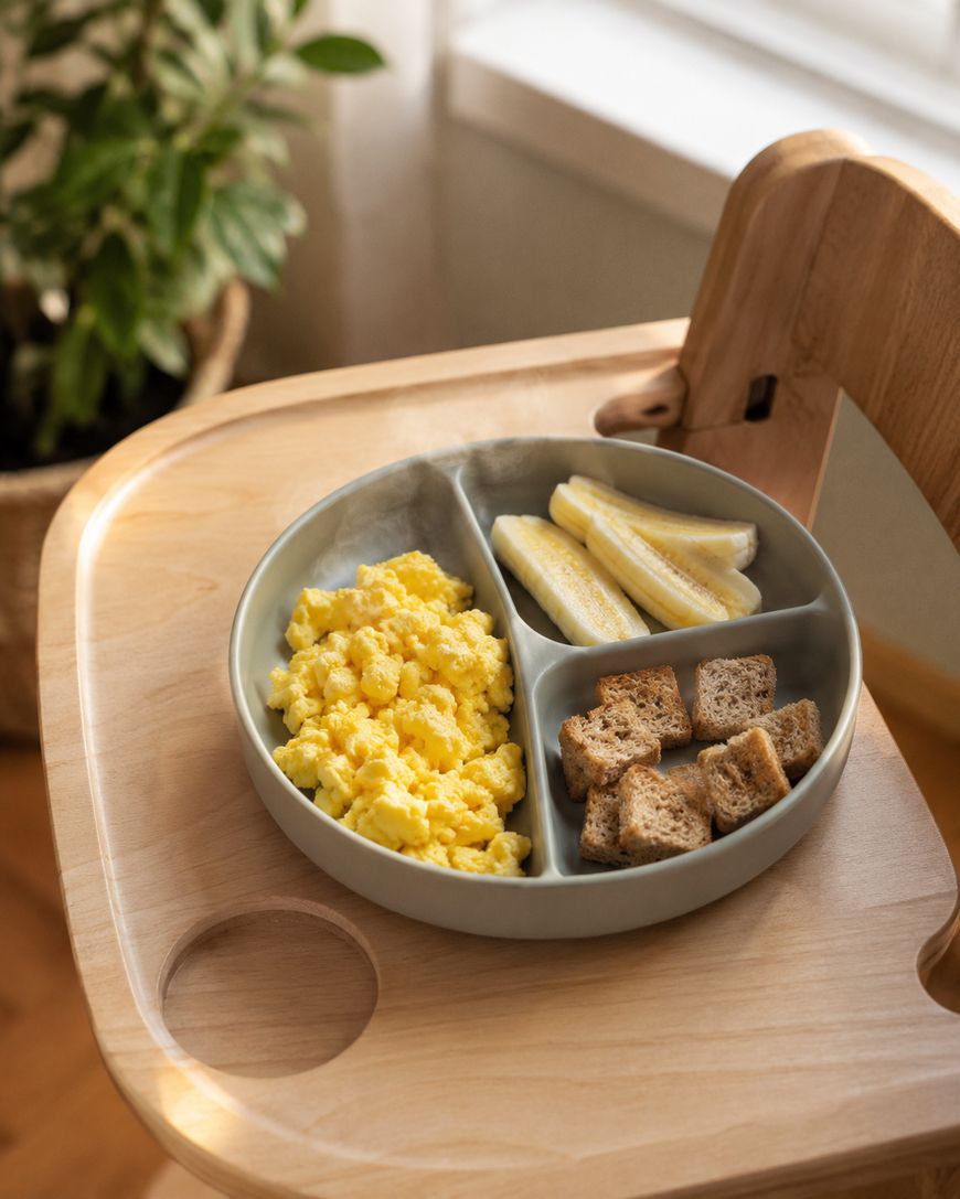 A sectioned plate on a wooden high chair holds scrambled eggs, sliced bananas, and small pieces of toasted bread. A plant and a window are visible in the softly lit background.