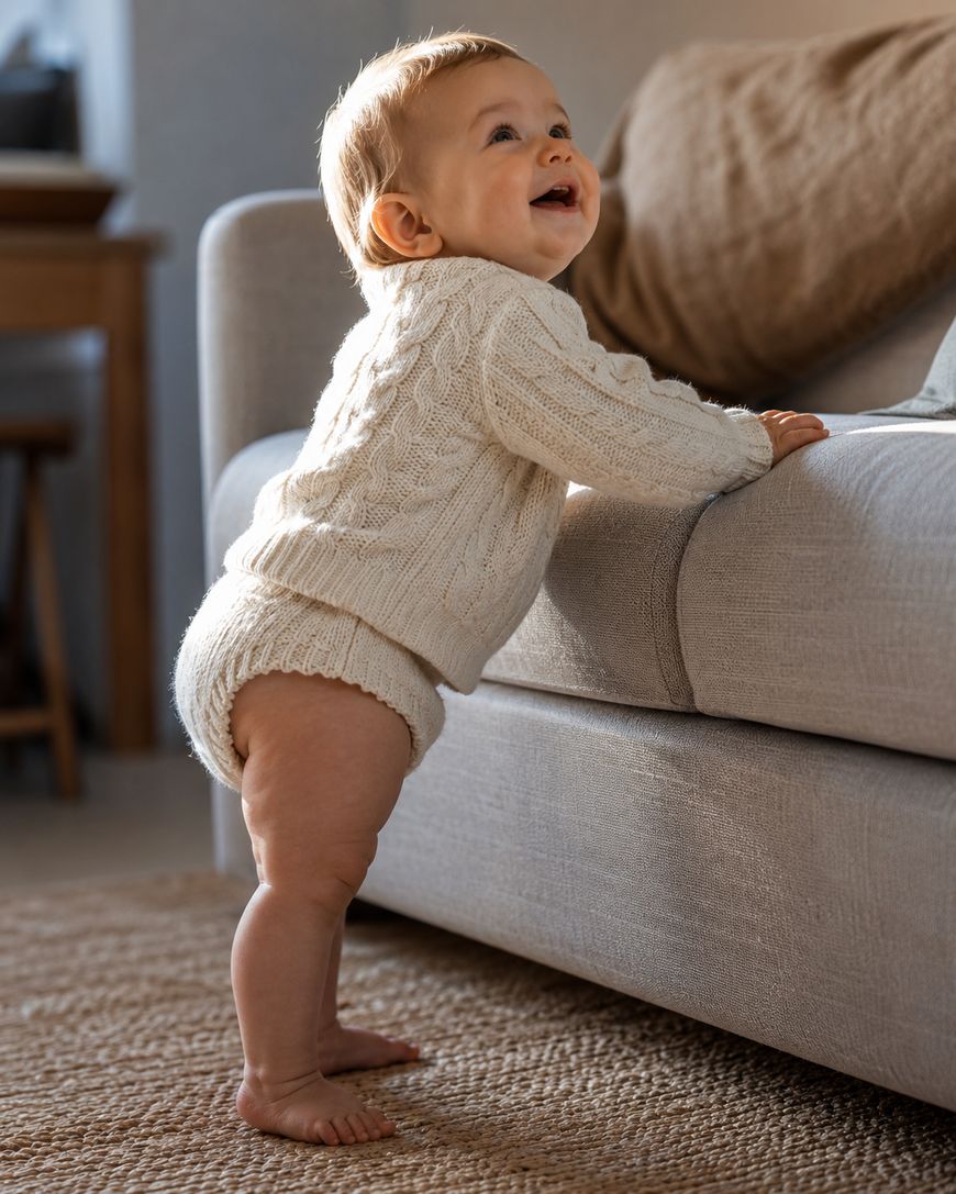 A smiling baby in a knitted cream sweater and shorts stands holding onto a light-colored sofa in a cozy, sunlit living room.