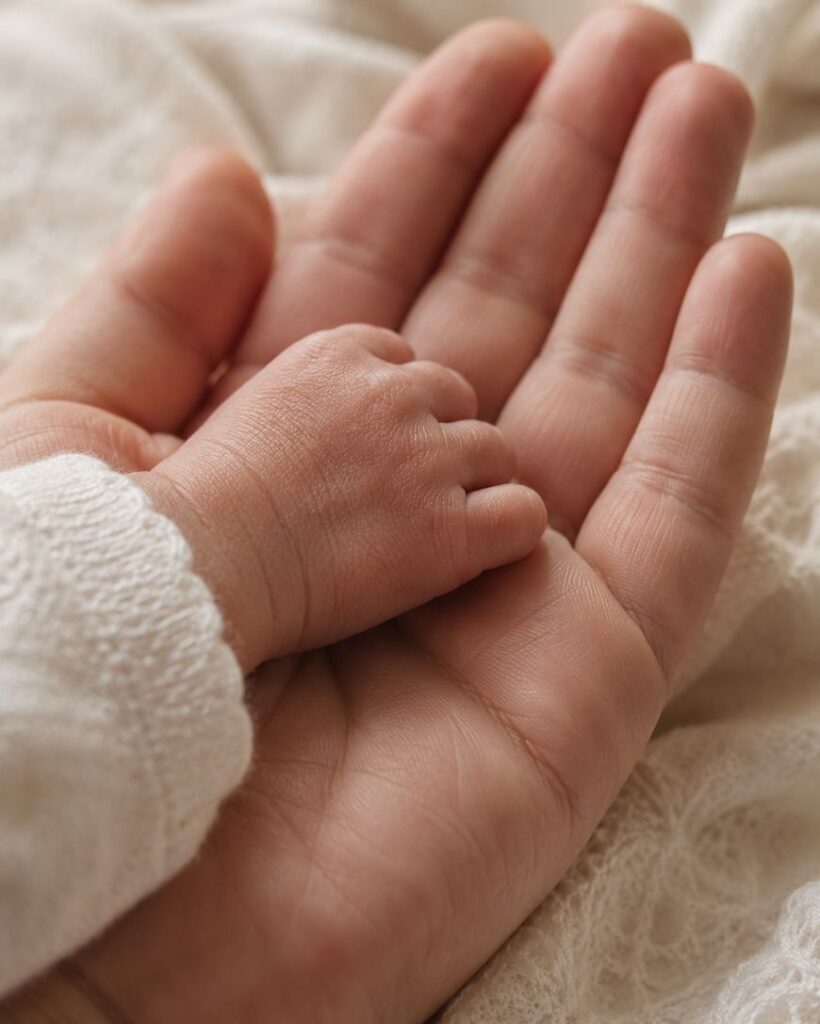 A close-up of an adults hand gently holding a newborn babys hand, with the babys tiny fingers resting on the adults palm. Both are resting on a soft, cream-colored fabric.