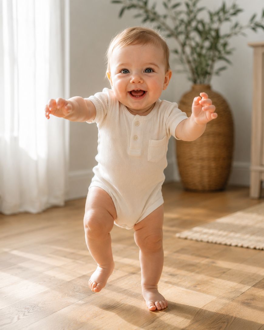 A smiling baby in a white onesie takes first steps indoors on a wooden floor, arms outstretched, with sunlight streaming through a window and a potted plant in the background.