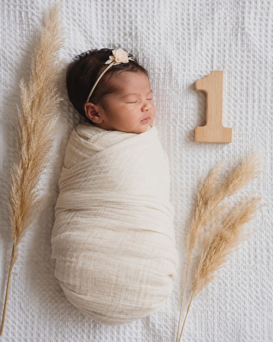 A sleeping baby wrapped in a cream blanket lies on a white textured surface, wearing a headband with a flower. Wooden number 1 and pampas grass are placed beside the baby, suggesting a first birthday or milestone.