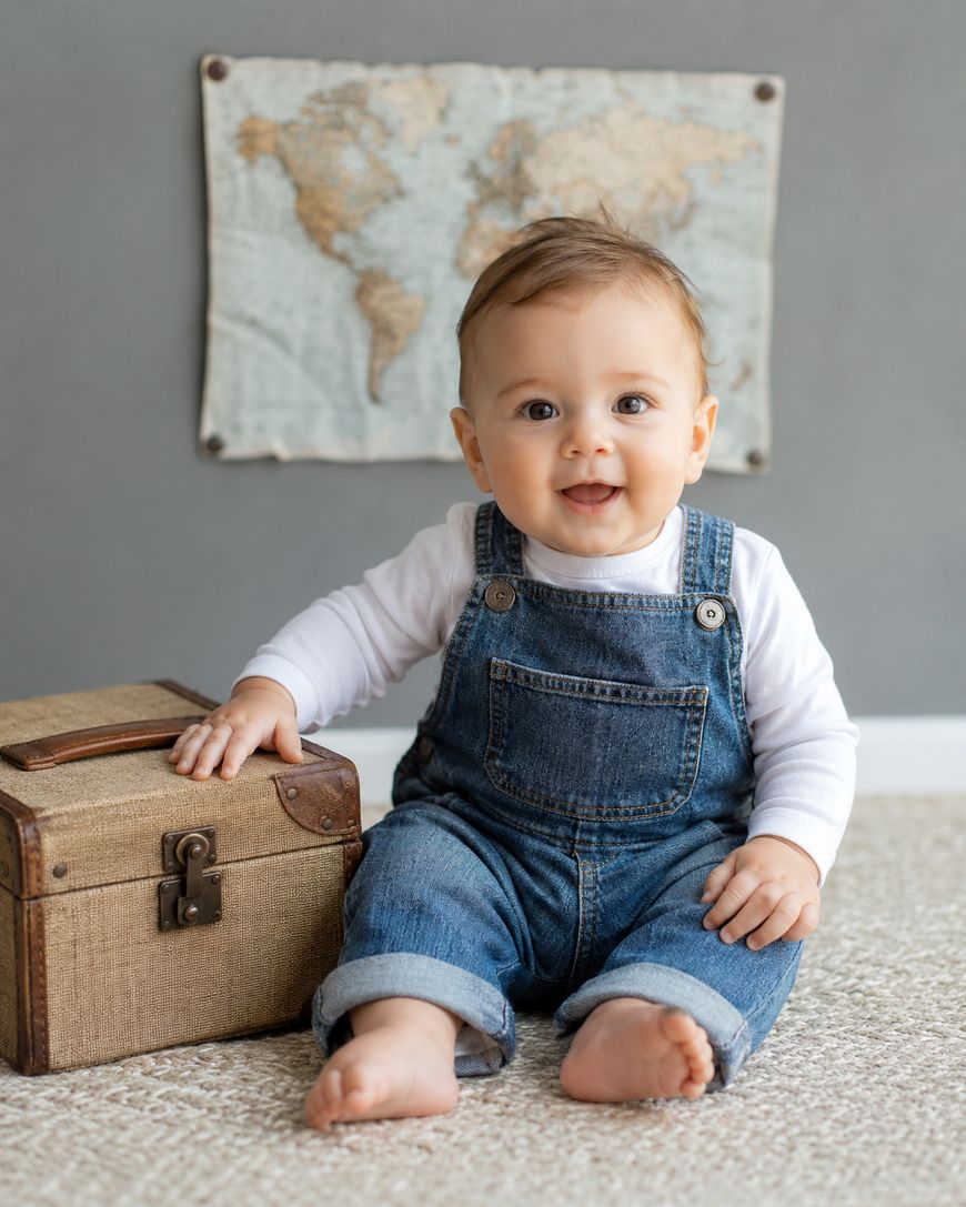 A smiling baby wearing blue denim overalls and a white shirt sits barefoot on a textured carpet, with one hand resting on a vintage suitcase. A world map hangs on the gray wall behind them.
