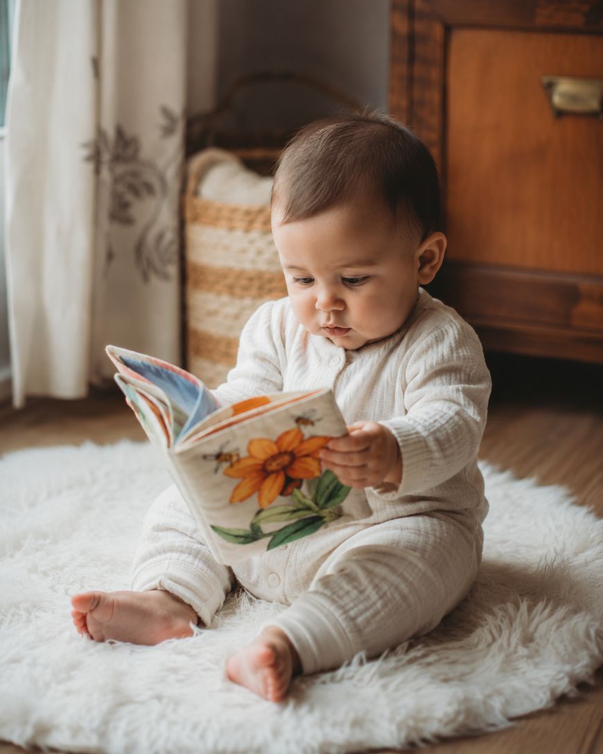 A baby in a cream-colored outfit sits on a soft white rug, intently looking at a picture book with a large orange flower on the cover. There is a basket and wooden cabinet in the background.