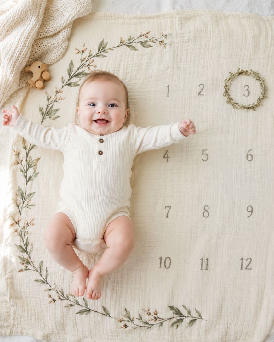 A smiling baby in a cream-colored onesie lies on a blanket with numbers 1 to 12, surrounded by a leafy wreath marking the number 3, suggesting the baby is three months old.