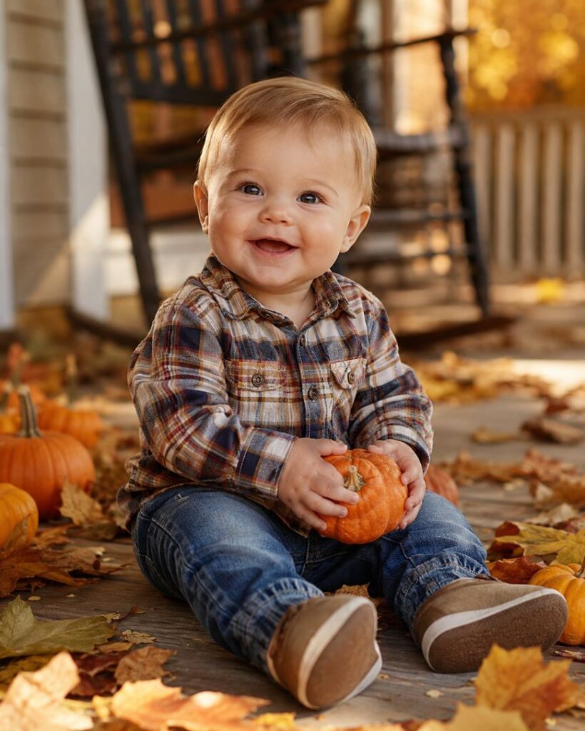 A smiling baby wearing a plaid shirt and jeans sits on a wooden porch surrounded by autumn leaves and small pumpkins, holding a pumpkin in his hands. A rocking chair and fall foliage are visible in the background.