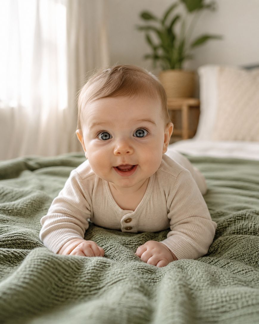 A smiling baby with blue eyes and light brown hair lies on their stomach on a bed with a green blanket, looking up. Sunlight streams through a window, and a plant is visible in the background.