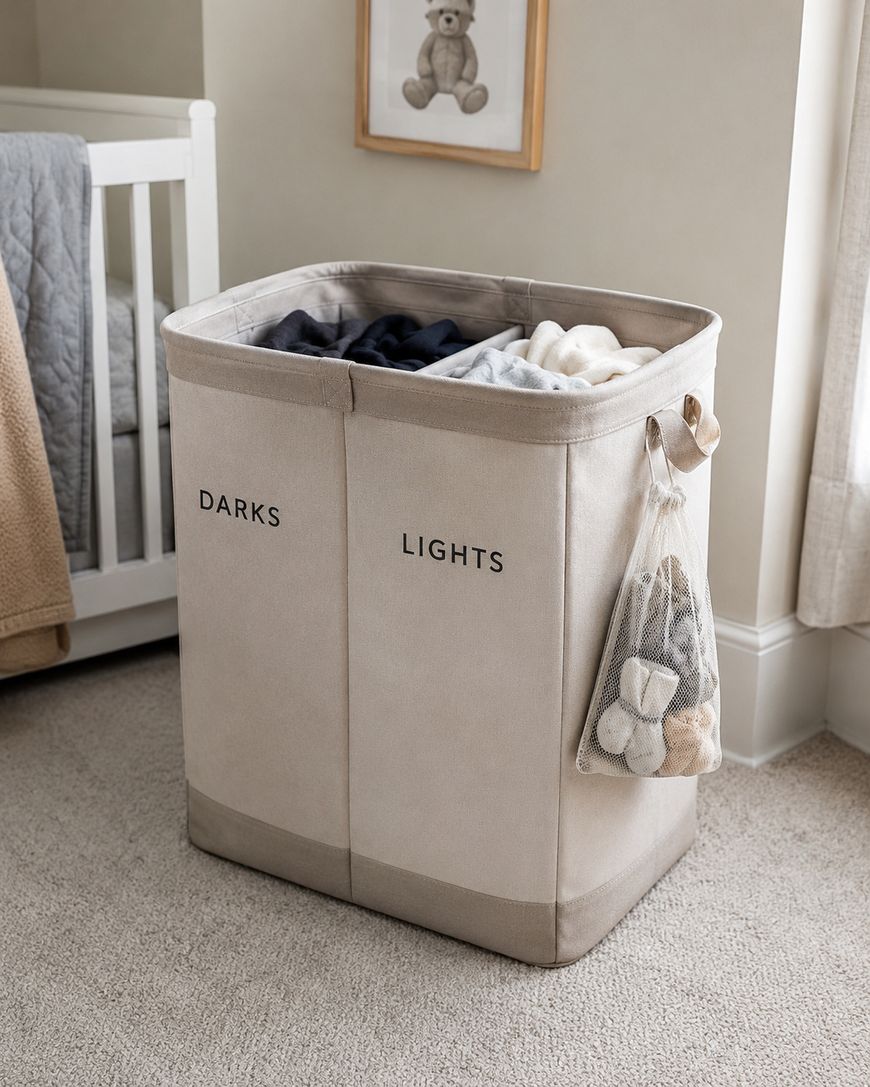 A beige laundry hamper with two sections labeled Darks and Lights, partially filled with clothes. A mesh bag with socks hangs on the side. The hamper sits in a carpeted room near a crib and window.