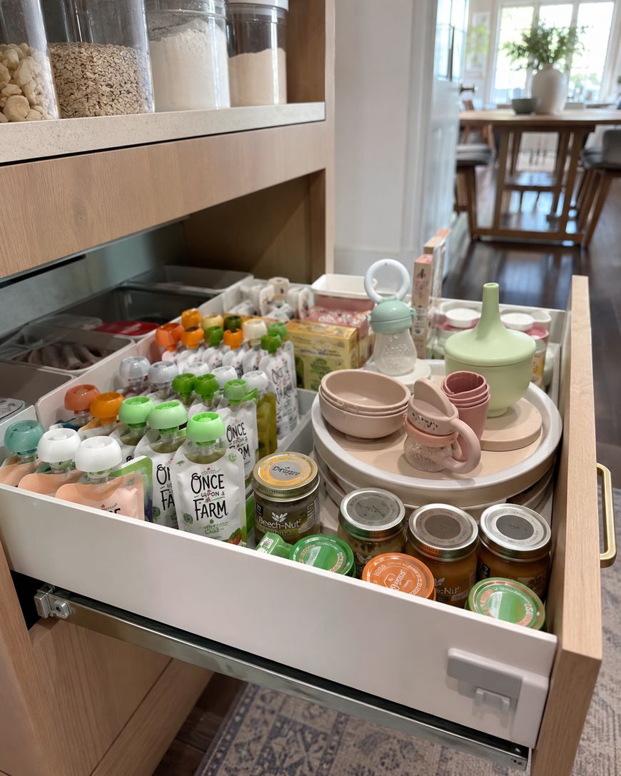 An organized kitchen drawer contains baby food pouches, jars of baby food, silicone plates, bowls, cups, and a few small containers, all neatly arranged with natural light coming from the dining area in the background.