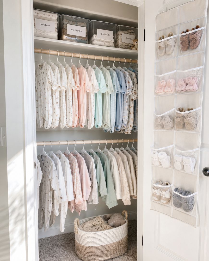 A neatly organized baby closet with pastel-colored clothes on hangers, labeled storage bins on the top shelf, and baby shoes in a hanging organizer on the door. A basket with blankets sits on the floor.