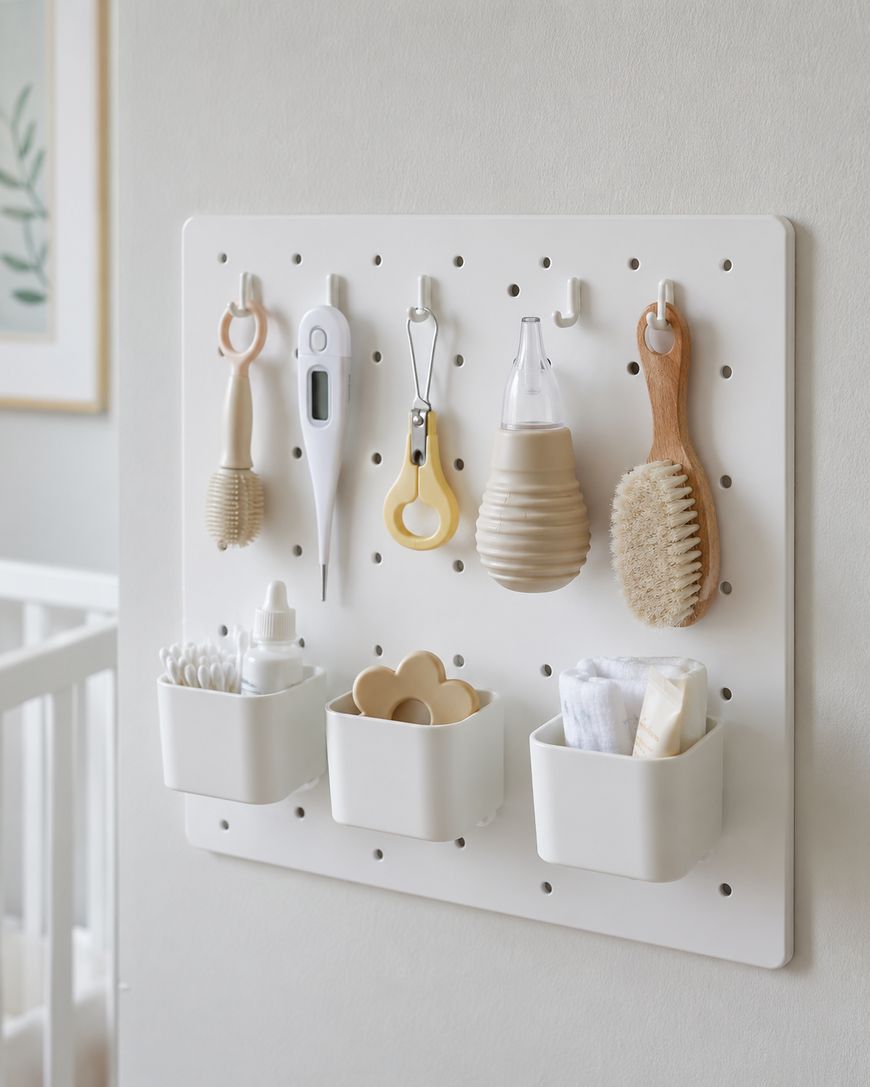 A white pegboard mounted on a wall holds baby care items like a brush, thermometer, scissors, medicine dropper, and comb, along with three white containers holding cotton swabs, bottles, and folded cloths.