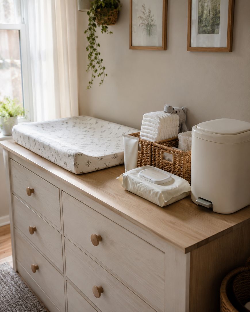 A wooden dresser set up as a baby changing station with a changing pad, basket of diapers, baby wipes, and a diaper pail. Framed art and a hanging plant decorate the soft, sunlit room.